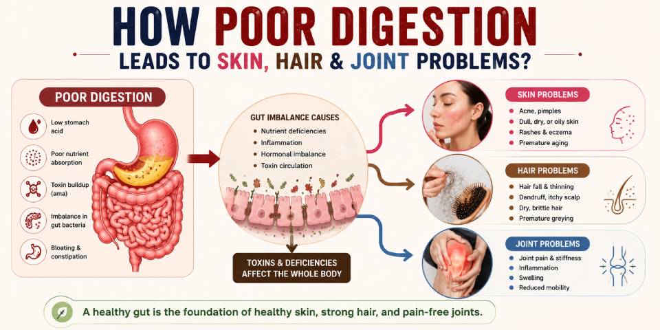 Ayurvedic concept of poor digestion showing internal toxins or Ama disrupting body systems.