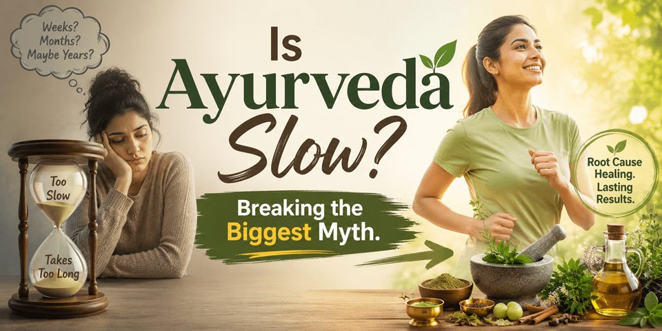 Is Ayurveda Slow?myth-breaking banner featuring Kalpataru Ayurvediya Chikitsalaya™ branding.