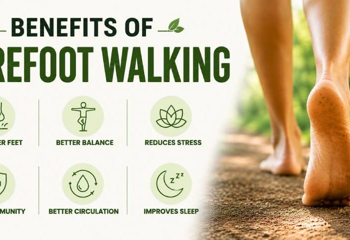 Benefits of barefoot walking on green grass in the morning.
