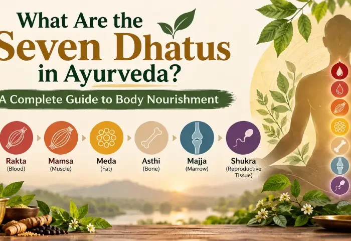 Seven Dhatus in Ayurveda chart showing Sapta Dhatu tissue nourishment cycle at Kalpataru Ayurvediya Chikitsalaya Pune